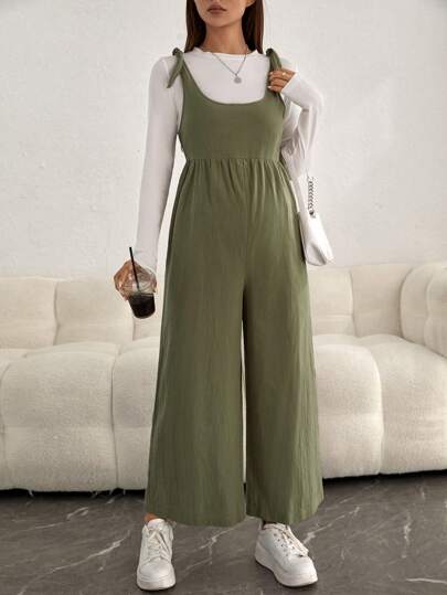 SHEIN Maternidad 1 pieza Mono de tirantes de hombros con cordón de pierna ancha sin camiseta