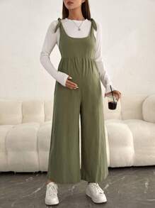 SHEIN Maternidad 1 pieza Mono de tirantes de hombros con cordón de pierna ancha sin camiseta