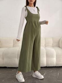 SHEIN Maternidad 1 pieza Mono de tirantes de hombros con cordón de pierna ancha sin camiseta