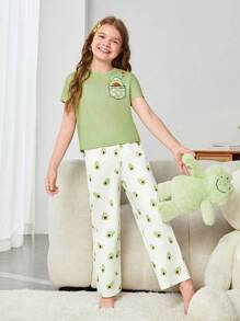 SHEIN Leap Crew Tween Girl Cartoon Graphic Tee & Trousers PJ Set - Multicolor - View 3