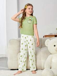 SHEIN Leap Crew Tween Girl Cartoon Graphic Tee & Trousers PJ Set - Multicolor - View 4