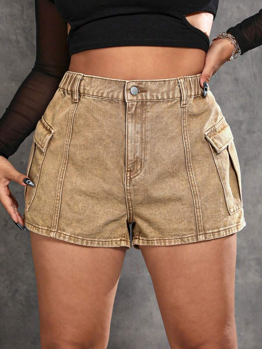 SHEIN ICON Plus Flap Pocket Denim Shorts - Camel - View 1