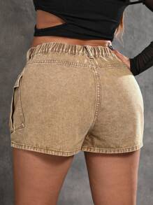 SHEIN ICON Plus Flap Pocket Denim Shorts - Camel - View 2