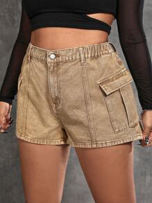 SHEIN ICON Plus Flap Pocket Denim Shorts - Camel - View 3