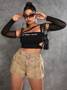 SHEIN ICON Plus Flap Pocket Denim Shorts - Camel - View 4