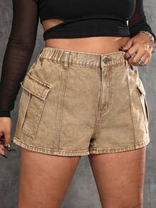 SHEIN ICON Plus Flap Pocket Denim Shorts - Camel - View 6