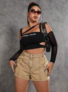 SHEIN ICON Plus Flap Pocket Denim Shorts - Camel - View 7