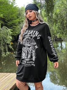 ROMWE PUNK Plus Mushroom & Slogan Graphic Drop Shoulder Sweatshirt Dress - Black - View 5