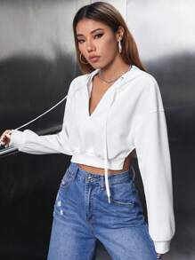 SHEIN PETITE 落肩袖下擺開叉抽繩短款連帽衫 - 白色 - 查看 1