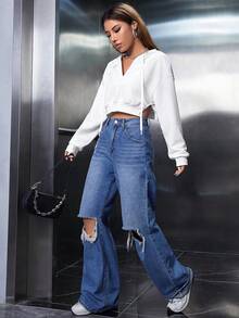 SHEIN PETITE 落肩袖下擺開叉抽繩短款連帽衫 - 白色 - 查看 4