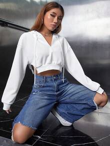 SHEIN PETITE 落肩袖下擺開叉抽繩短款連帽衫 - 白色 - 查看 5