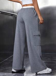 SHEIN PETITE 字母補丁細節側翻蓋口袋腰部抽繩衛褲 - 灰色 - 查看 2