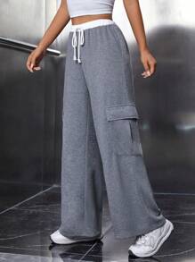 SHEIN PETITE 字母補丁細節側翻蓋口袋腰部抽繩衛褲 - 灰色 - 查看 4