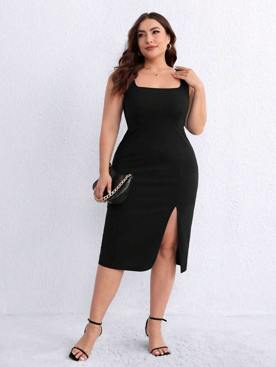 SHEIN Privé Plus Split Thigh Dress - Black - View 1