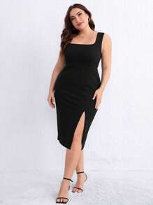 SHEIN Privé Plus Split Thigh Dress - Black - View 3