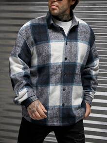 Manfinity VCAY Áo khoác nam in họa tiết kẻ caro cài nút phía trước cỡ lớn, dành cho mùa thu đông - Nhiều màu - Xem 3