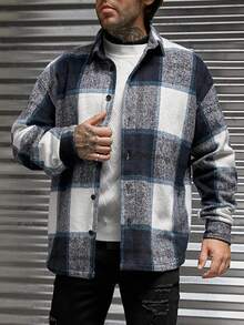 Manfinity VCAY Áo khoác nam in họa tiết kẻ caro cài nút phía trước cỡ lớn, dành cho mùa thu đông - Nhiều màu - Xem 5