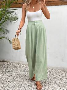 SHEIN Frenchy 女士純色百褶褲 - 綠色 - 查看 1