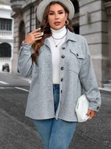 SHEIN Clasi Plus Flap Pocket Drop Shoulder Button Front Coat - Grey - View 1