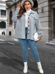 SHEIN Clasi Plus Flap Pocket Drop Shoulder Button Front Coat - Grey - View 3