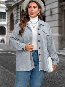 SHEIN Clasi Plus Flap Pocket Drop Shoulder Button Front Coat - Grey - View 5