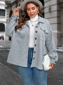 SHEIN Clasi Plus Flap Pocket Drop Shoulder Button Front Coat - Grey - View 6