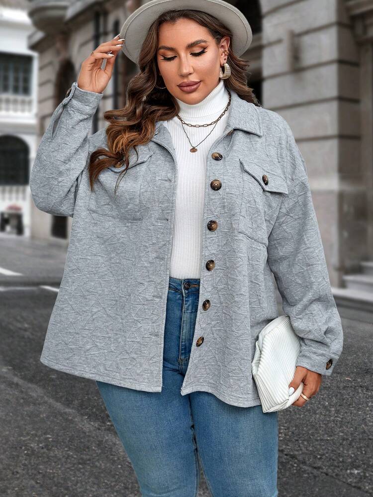 SHEIN Clasi 大碼翻蓋口袋落肩袖前紐扣外套 - 灰色 - 查看 6