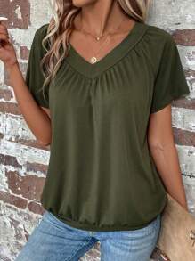 EMERY ROSE Camiseta unicolor de cuello V - Verde militar - Ver 1