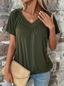 EMERY ROSE Camiseta unicolor de cuello V - Verde militar - Ver 5