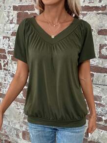 EMERY ROSE Camiseta unicolor de cuello V - Verde militar - Ver 6