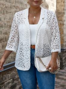 SHEIN Clasi Plus Lapel Neck Open Front Lace Blazer - White - View 1