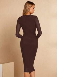 SHEIN Privé 雞心領口褶邊網紗緊身洋裝 - 咖啡棕 - 查看 2