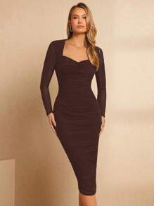 SHEIN Privé 雞心領口褶邊網紗緊身洋裝 - 咖啡棕 - 查看 4