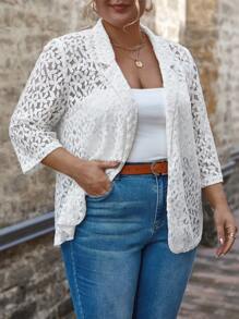 SHEIN Clasi Plus Lapel Neck Open Front Lace Blazer - White - View 3