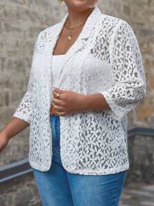 SHEIN Clasi Plus Lapel Neck Open Front Lace Blazer - White - View 4