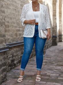 SHEIN Clasi Plus Lapel Neck Open Front Lace Blazer - White - View 5