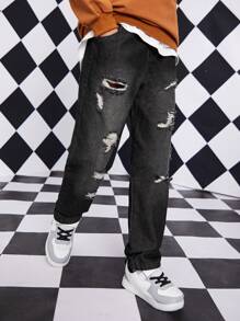 Tween Boy Ripped Frayed Straight Leg Jeans - Black - View 4