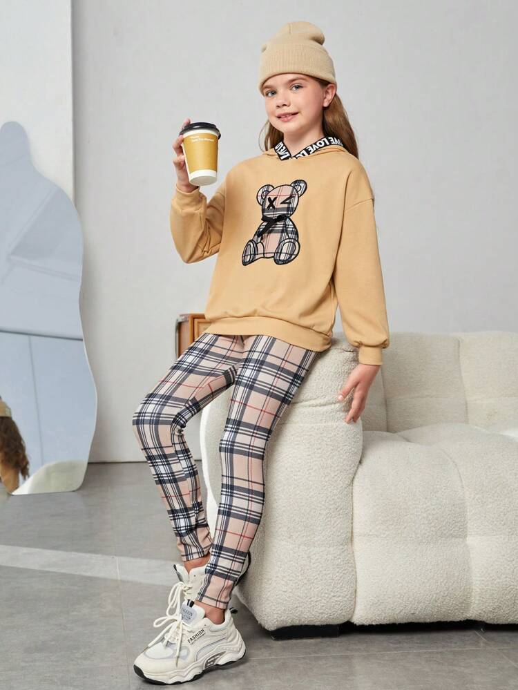 Tween Girl Bear Print Drop Shoulder Hoodie & Plaid Leggings