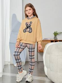 SHEIN 女大童小熊印花落肩袖連帽衫&格紋緊身打底褲 - 彩色 - 查看 3