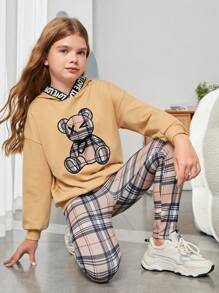 SHEIN 女大童小熊印花落肩袖連帽衫&格紋緊身打底褲 - 彩色 - 查看 4