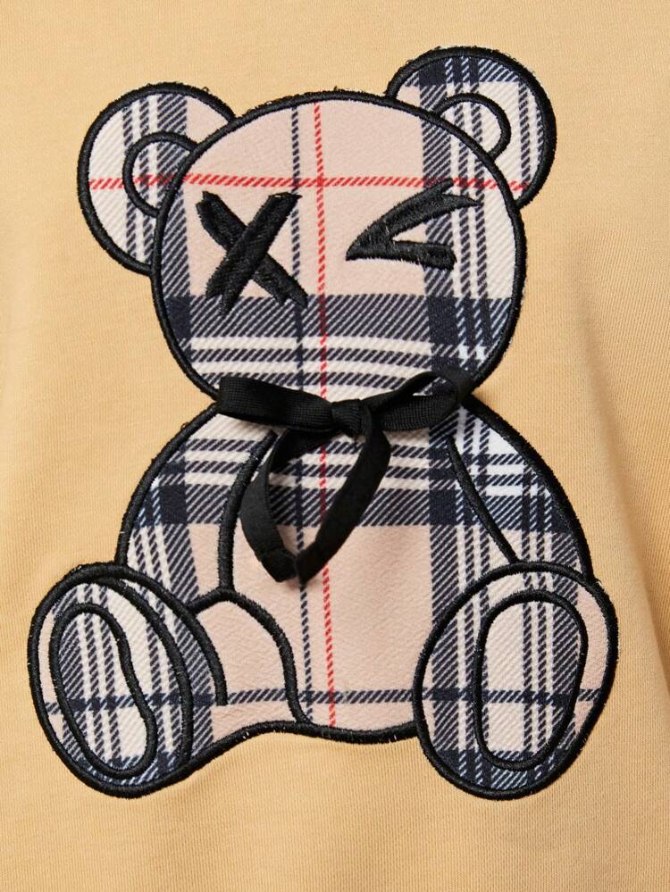 Tween Girl Bear Print Drop Shoulder Hoodie & Plaid Leggings