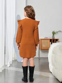 SHEIN 女大童荷葉邊麻花編織毛衣洋裝 - 棕色 - 查看 2