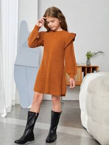 SHEIN 女大童荷葉邊麻花編織毛衣洋裝 - 棕色 - 查看 3