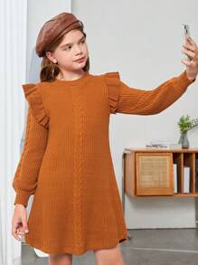 SHEIN 女大童荷葉邊麻花編織毛衣洋裝 - 棕色 - 查看 6