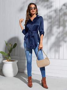 SHEIN Privé 捲邊袖腰帶緞面襯衫 - 藏蓝色 - 查看 1