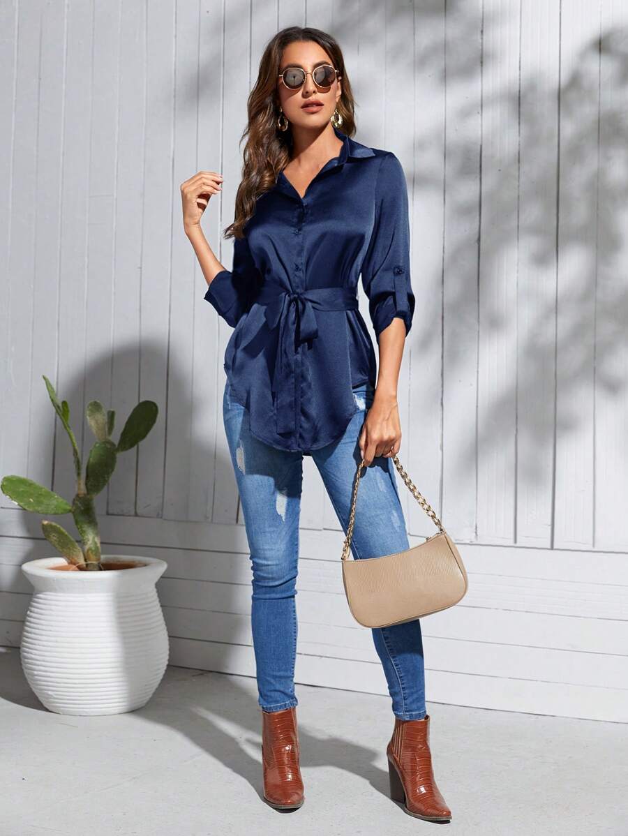 SHEIN Privé 捲邊袖腰帶緞面襯衫 - 藏蓝色 - 查看 1