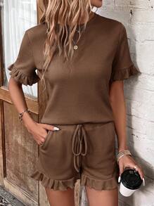 SHEIN LUNE Flare Sleeve Tee & Ruffle Hem Shorts - Coffee Brown - View 3