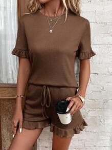 SHEIN LUNE Flare Sleeve Tee & Ruffle Hem Shorts - Coffee Brown - View 4