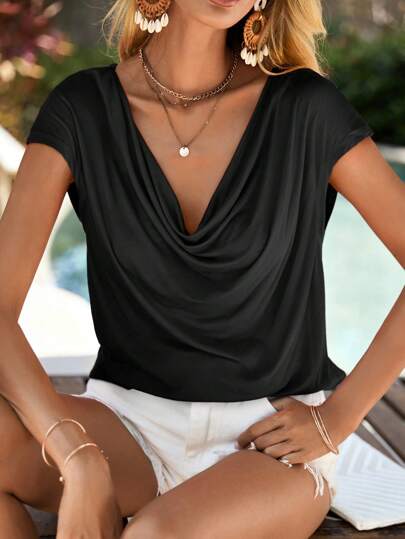 SHEIN Clasi Draped Collar Batwing Sleeve Tee