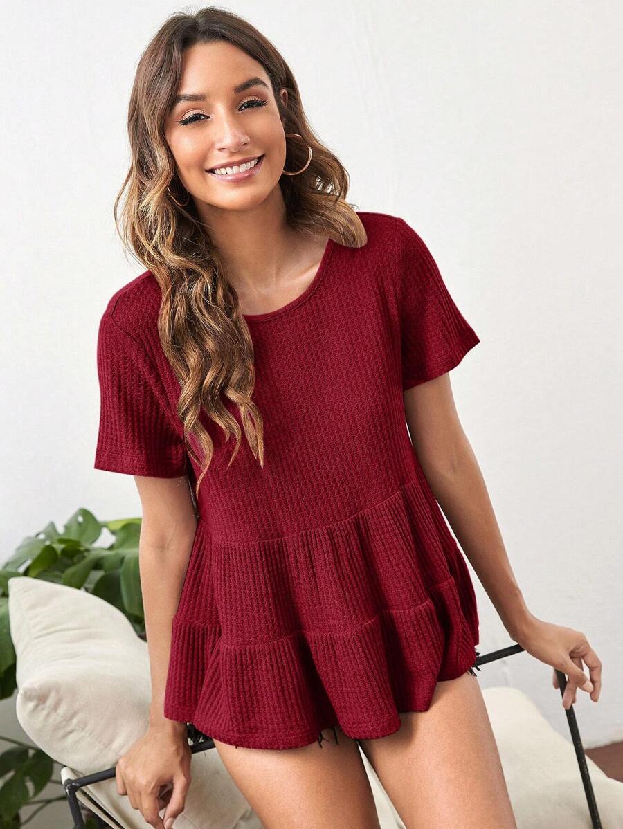 SHEIN LUNE Dệt kim Waffle Xù Hoa Sen Áo thun - Màu Đỏ Sâu - Xem 1